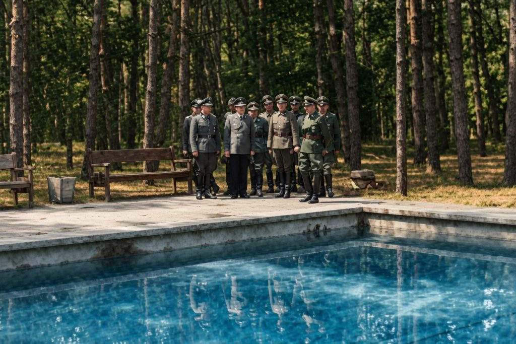 Zrekonstruowane cyfrowo zdjęcie Hitlera i jego świty nad basenem w kwaterze Werwolf