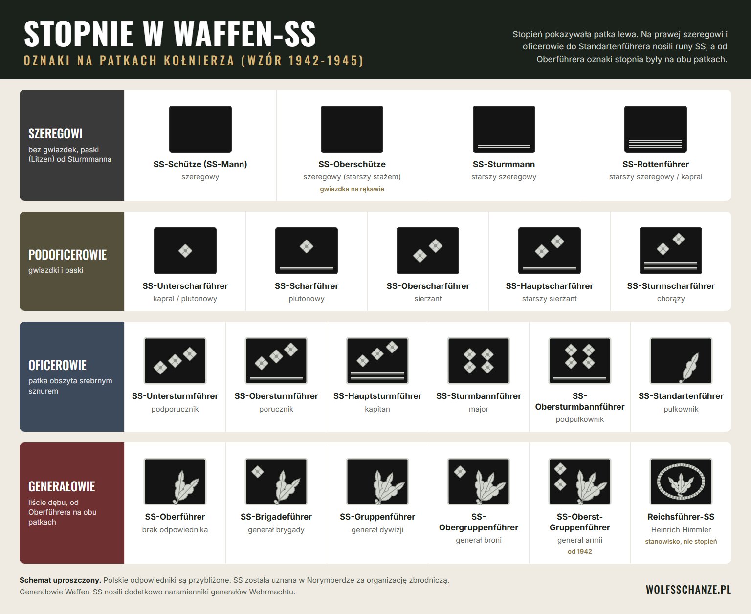 Infografika: stopnie w Waffen-SS i oznaki na patkach kołnierzowych, od SS-Schütze do Reichsführera-SS, z polskimi odpowiednikami