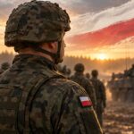 Polski żołnierz w mundurze w kamuflażu Pantera z naszywką biało-czerwonej flagi, w tle żołnierze i transporter Rosomak o zachodzie słońca