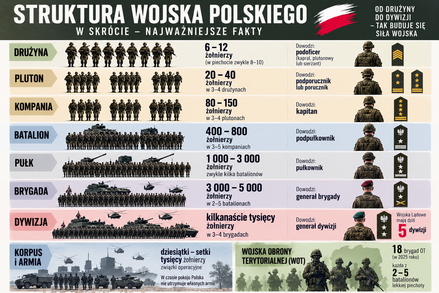 Infografika: struktura Wojska Polskiego od drużyny do dywizji, liczebność jednostek i stopnie dowódców