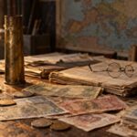 Banknoty i monety z lat 40., łuska pocisku, liczydło i mapa Europy na biurku: koszt II wojny światowej