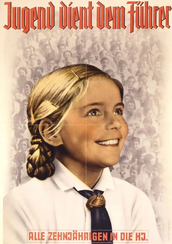 Plakat werbunkowy „Jugend dient dem Führer. Alle Zehnjährigen in die HJ” z dziewczynką w mundurze BDM, proj. Hein Neuner, ok. 1939