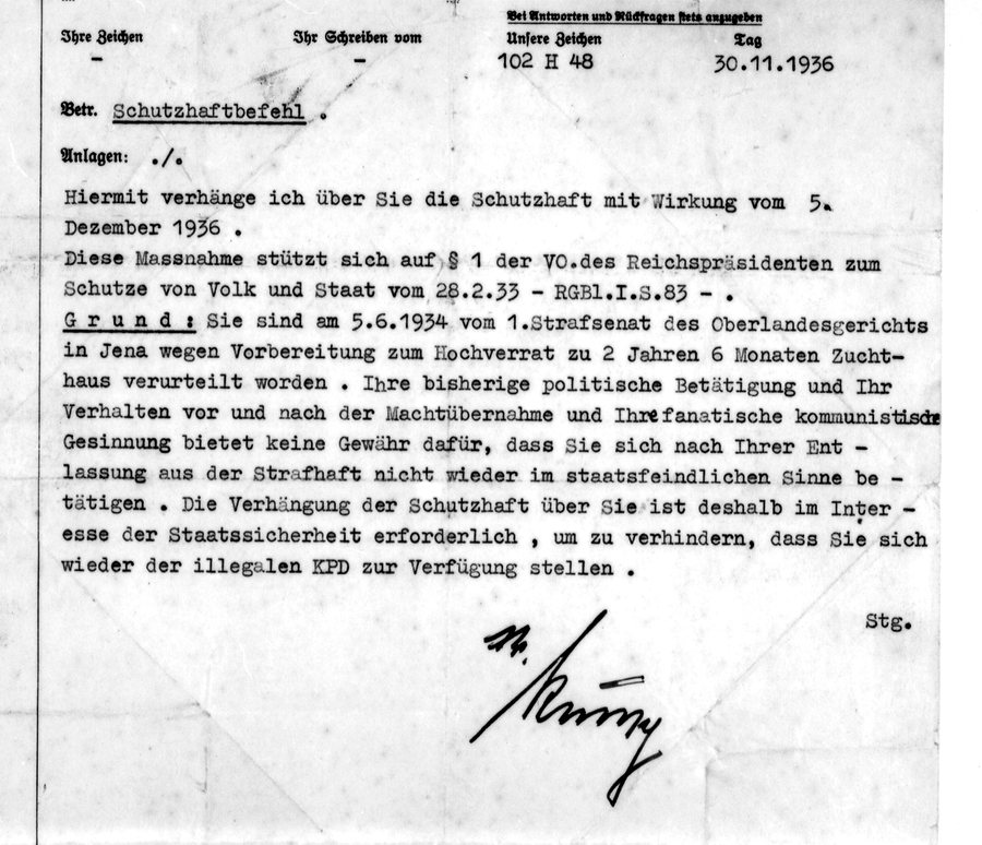 Rozkaz aresztu ochronnego Schutzhaftbefehl wydany przez Gestapo w 1936 roku